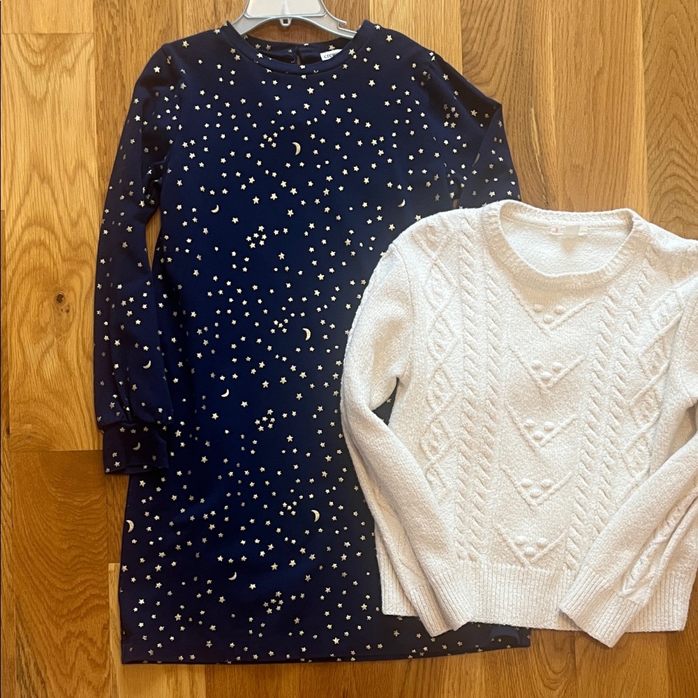 Navy Starry Dress and White Cable Knit Sweater